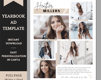 Senior Yearbook Ad Template - Elegant Full Page Graduation Announcement with 7 pictures and dedication - Easy personalization in Canva
