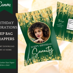 Birthday Chip Bag Template, elegant customizable Party decoration, easy personalization in Canva - Instant Download Printable Party Favors