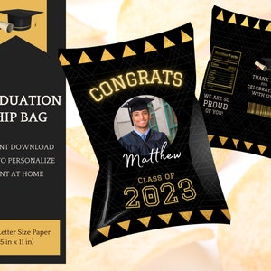 Chip Bag Template - editable, Graduation Party, Class of 2024 in black & gold - Instant Download Printable, easy Personalization in Canva