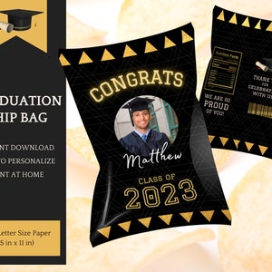 Chip Bag Template - editable, Graduation Party, Class of 2025 in black & gold - Instant Download Printable, easy Personalization in Canva
