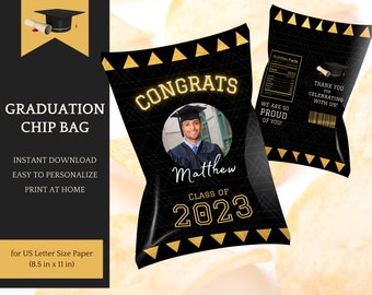 Chip Bag Template - editable, Graduation Party, Class of 2025 in black & gold - Instant Download Printable, easy Personalization in Canva
