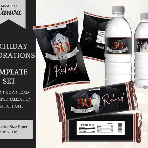 Tuxedo Chip Bag Template, Candy Bars and Water Bottle Labels: Printable Templates, Elegant Birthday Decorations for him - INSTANT DOWNLOAD
