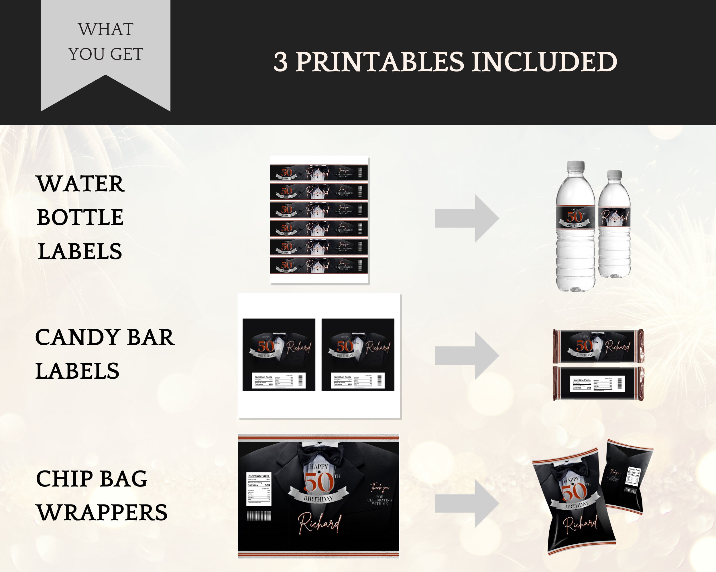 Tuxedo Chip Bag Template Candy Bars and Water Bottle Labels: - Etsy