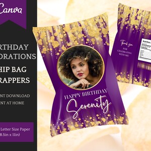 Birthday Chip Bag Template, glamorous customizable Party decoration, easy personalization in Canva - Instant Download Printable Party Favors