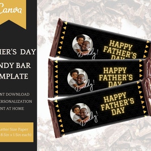 Candy Bar Template for Father&#39;s Day in black & gold, editable Candy Bar Label, Instant Download Printable, easy Personalisation in Canva