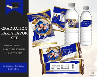 Royal Blue Graduation Decorations Bundle, Chip Bag Template, Candy & Water Labels, Class of 2026, Instant Download, Personalization in Canva