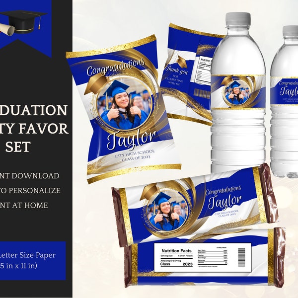 Royal Blue Graduation Decorations Bundle, Chip Bag Template, Candy & Water Labels, Class of 2024, Instant Download, Personalization in Canva