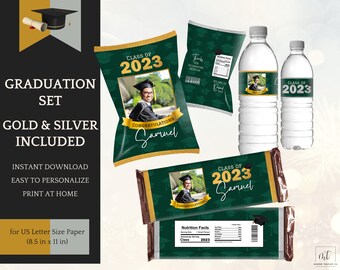 Graduation Decorations Gold or Silver, Chip Bag Template, Candy, Water, Class of 2026, Instant Download Printable, Personalization in Canva
