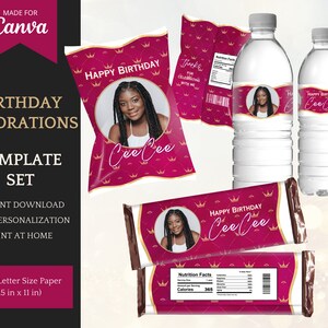 Elegant Hot Pink/Gold Birthday Decorations for him/her, Chip Bag Template, Water Bottle Labels & Candy Wrappers - Instant Download for Canva