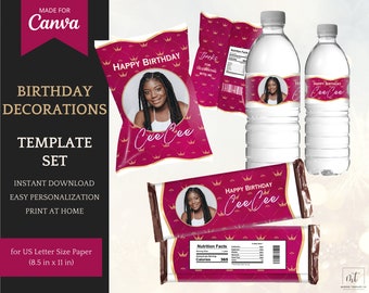 Elegant Hot Pink/Gold Birthday Decorations for him/her, Chip Bag Template, Water Bottle Labels & Candy Wrappers - Instant Download for Canva