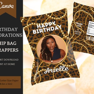 Chip Bag Template: Birthday Decorations for her, Leopard Party Favors, personalization, editable in Canva, Instant Download Printable