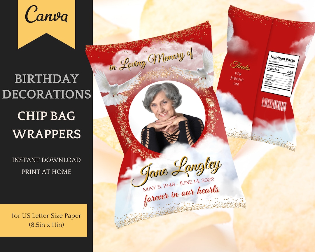 Chip Bag Template for Celebration of Life / Funeral / Memorial, Red ...