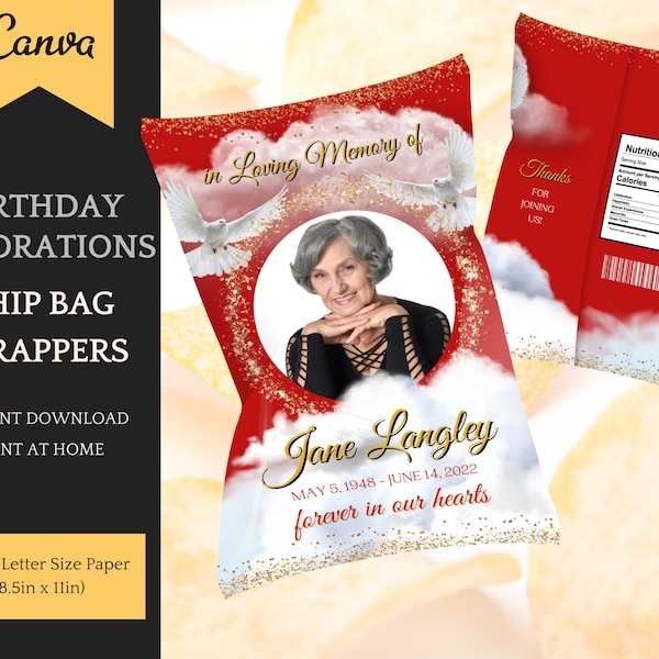 Chip Bag Template for Celebration of Life / Funeral / Memorial, red angel in the clouds, customize in Canva, Instant Download Printable