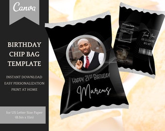 Birthday Chip Bag Template, elegant customizable Party decoration, easy personalization in Canva - Instant Download Printable Party Favors