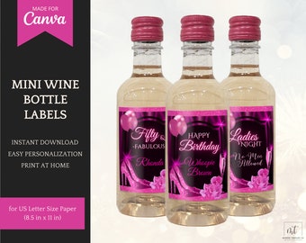 Mini Wine Bottle Labels, pink glitter heels for women, personalized wine bottle stickers, birthday party favor INSTANT DOWNLOAD for CANVA