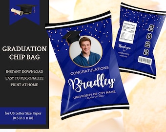 Chip Bag Template - editable, Graduation Party, Class of 2023 in blue - Instant Download Printable, easy Personalization in Canva