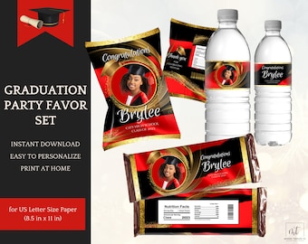 Black/Red/Gold Graduation Decoration Set, Chip Bag Template, Candy & Water Labels, Class of 2026, Instant Download, Personalization in Canva