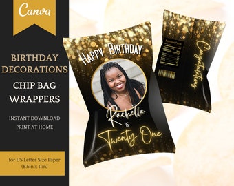 Birthday Decorations for her: Chip Bag Template - easy personalisation/editable in Canva, Instant Download Printable Party Favors