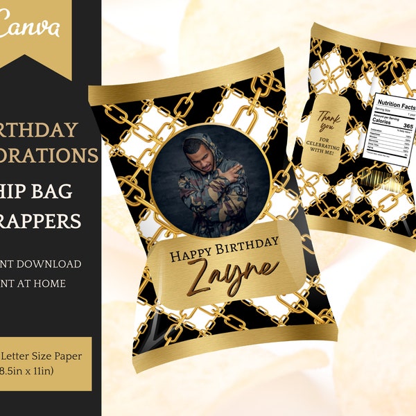Birthday Decorations for her: Chip Bag Template - easy personalisation/editable in Canva, Instant Download Printable Party Favors