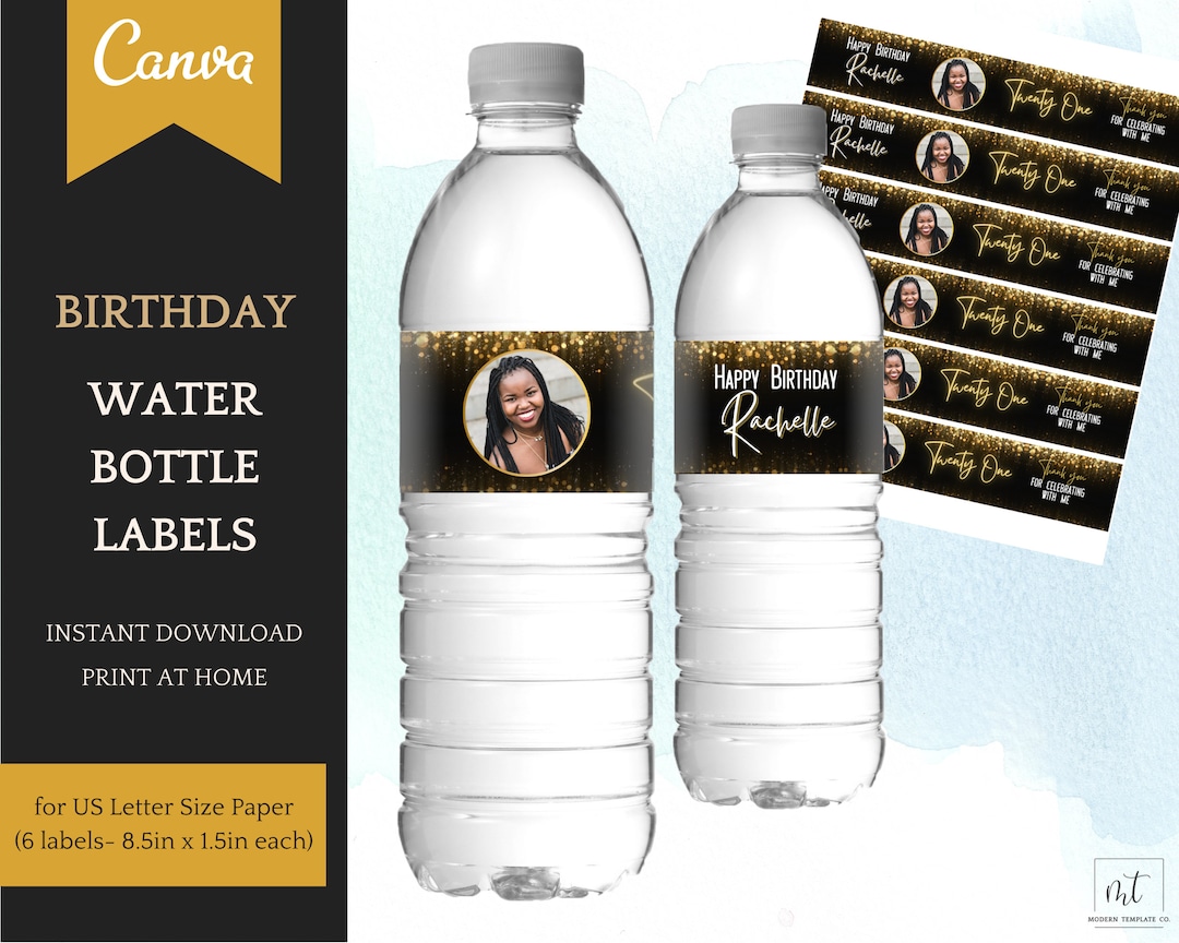 Water Bottle Label Template Black/gold, Printable Birthday Decorations ...