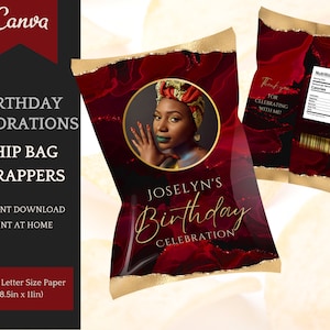 May include: Chip bag wrappers with a red and gold design, featuring a portrait of a woman and the text "Joselyn's Birthday Celebration." The wrappers are designed for US Letter size paper and include the words "Birthday Decorations" and "Chip Bag Wrappers."