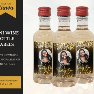 Mini Wine Bottle Labels, personalized wine bottle stickers for birthday party favors, editable template for Canva, instant download