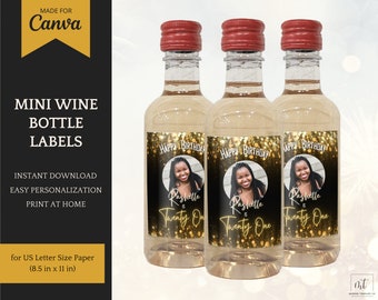 Mini Wine Bottle Labels, personalized wine bottle stickers for birthday party favors, editable template for Canva, instant download