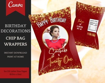 Birthday Chip Bag Template, elegant customizable Party decoration, easy personalization in Canva - Instant Download Printable Party Favors