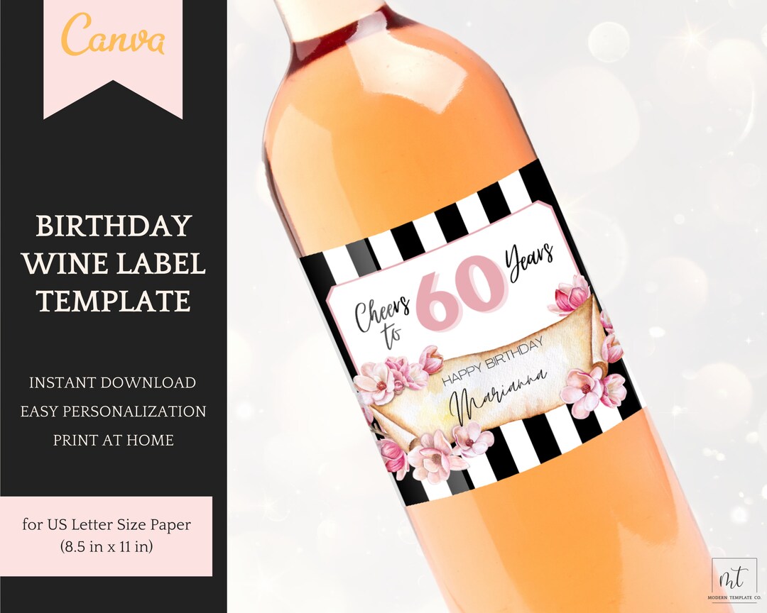 60th Birthday Wine Label Template, Personalized Decorations for Her
