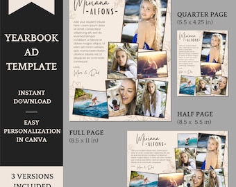 Senior Yearbook Ad Template / Graduation Announcement, light floral background - Full / Half & Quarter Page included - Personalize in Canva