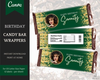 Candy Bar Template, elegant Birthday Decorations for her, editable Instant Download Printable Party Favors, easy personalization in Canva