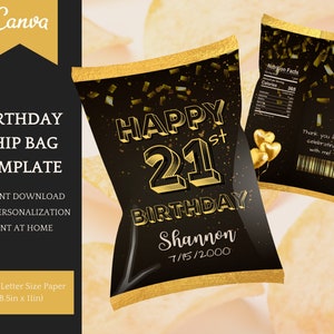 Chip Bag Template for Birthday Party in black & gold - easy Personalisation in Canva, Instant Download Printable for party favor snack bags