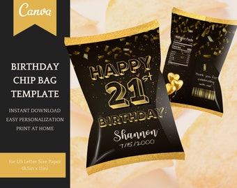 Chip Bag Template for Birthday Party in black & gold - easy Personalisation in Canva, Instant Download Printable for party favor snack bags