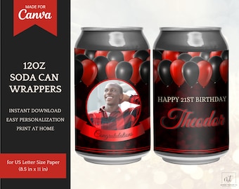 Soda Can Template / Beer Can Wrap: Balloon Themed Labels for 12oz drink cans, print at home - edit/personalize in Canva - INSTANT DOWNLOAD