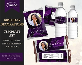Birthday Decorations for her in purple - Printable Template Set with Chip Bag Template, Candy Bars & Water Bottle Labels - INSTANT DOWNLOAD