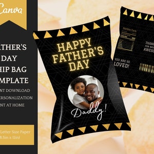 Chip Bag Template for Father&#39;s Day in black & gold, editable Chip Bag Template, Instant Download Printable, easy Personalisation in Canva