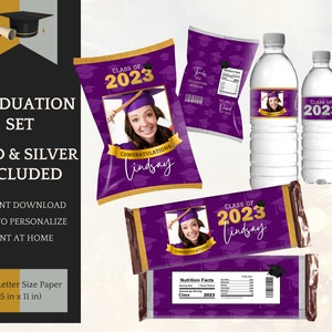 Purple Graduation Decoration Gold/Silver, Chip Bag Template, Candy, Water, Class of 2025, Instant Download Printable, Personalize in Canva