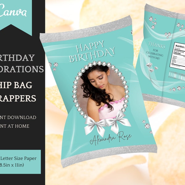 Birthday Chip Bag Template, Teal Party Favors, Birthday or Sweet 16, elegant customizable Party decoration, edit in Canva - INSTANT DOWNLOAD