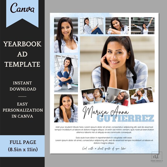 Senior Yearbook Ad Template for boys and girls - Editable Full Page Template with 10 Pic Gallery Collage - Easy personalization in Canva