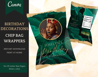 Chip Bag Template, Elegant Emerald/Gold Birthday Decorations for her, Instant Download Printable Party Favors, editable in Canva