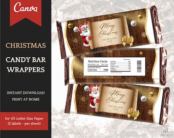 Santa Claus Candy Bar Template, Elegant Christmas Decorations, White & Black Santa, Instant Download Printable Party Favors, edit in Canva