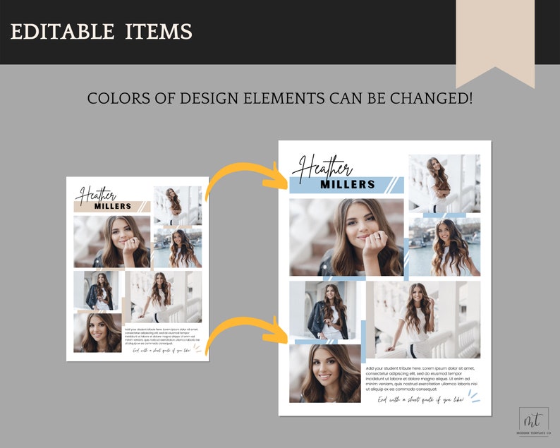 May include: A graduation announcement template with a collage of photos and the text "Heather Millers" in a handwritten font. The template is customizable with different colors and fonts.