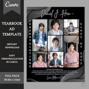 Senior Yearbook Ad Template dark theme for boys and girls - Editable Full Page Template with dedication announcement, edit in Canva