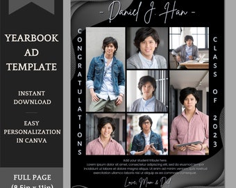 Senior Yearbook Ad Template dark theme for boys and girls - Editable Full Page Template with dedication announcement, edit in Canva