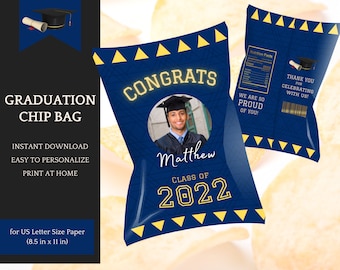 Chip Bag Template - editable, Graduation Party, Class of 2023 in blue & yellow - Instant Download Printable, easy Personalization in Canva