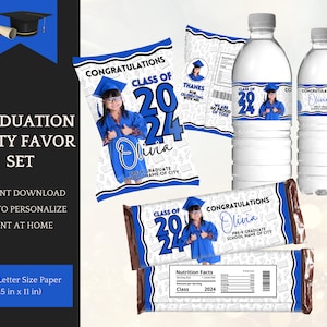 Ensemble bleu de remise des diplômes préscolaire/maternelle pour enfants, sac pour chips, bonbons, modèles d'étiquettes d'eau, promotion 2025, téléchargement immédiat pour Canva