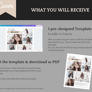May include: A digital template for a graduation announcement. The template features a collage of photos with a name and the text "Heather Millers" in a black and white font. The template is designed to be edited in Canva.