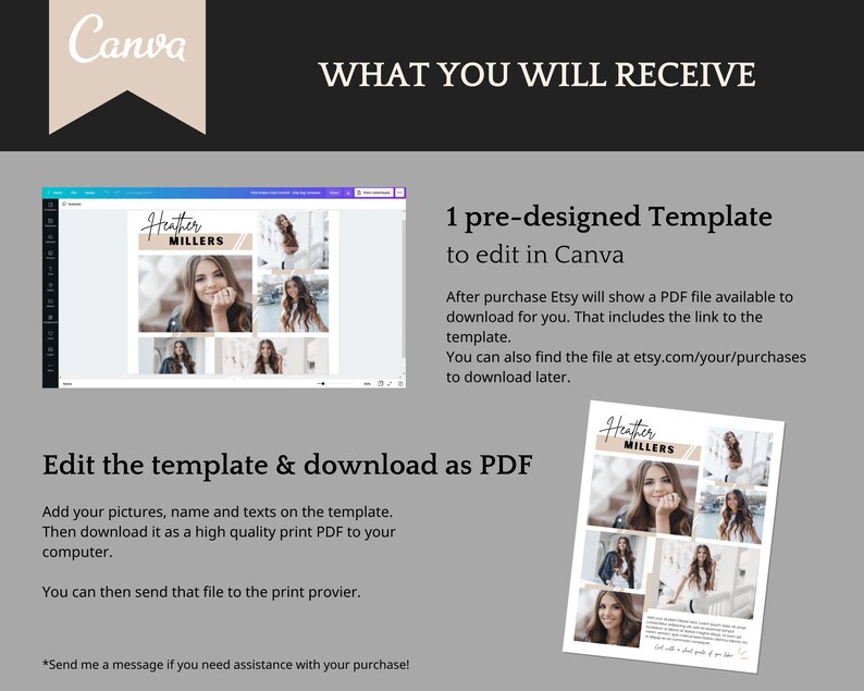 May include: A digital template for a graduation announcement. The template features a collage of photos with a name and the text "Heather Millers" in a black and white font. The template is designed to be edited in Canva.