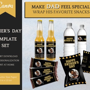 Fathers Day Gift: Editable Template Set for Canva with Chip Bag Template, Water and Beer Bottle Labels and Candy Bars - easy Personalisation