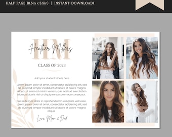 Plantilla de anuncio para anuario de último año - Elegante anuncio de graduación de media página con 4 imágenes y dedicatoria - Personalice en Canva